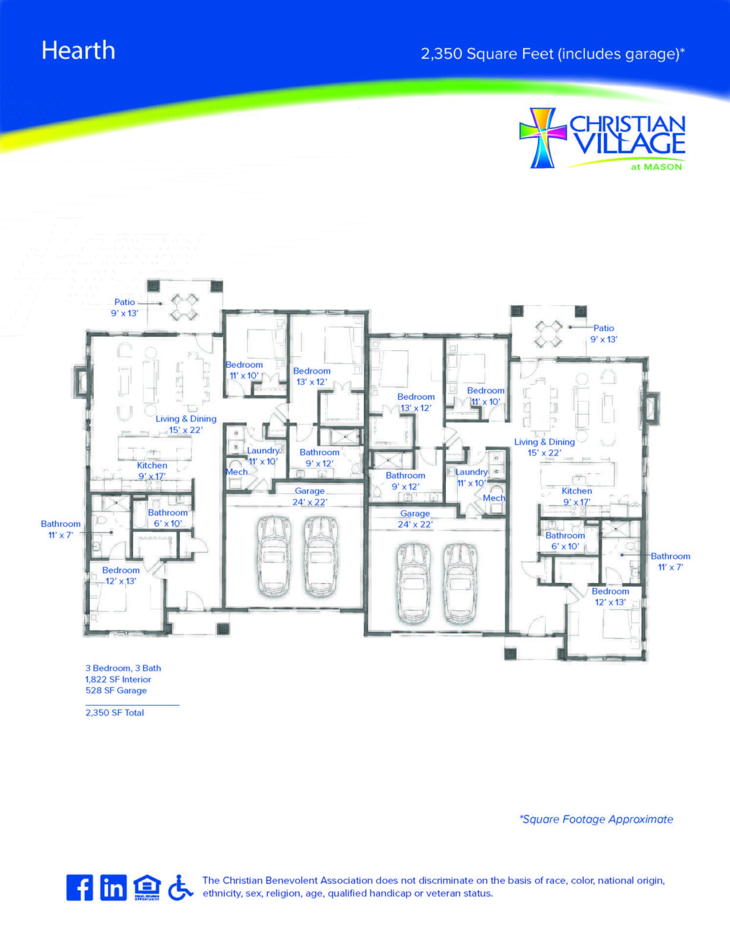Floor plan for a Hearth Home at the Sunrise Vista expansion at The Christian Village at Mason. This home features two units, both with 3 bedrooms, 3 bathrooms, and attached 2 car garages.
