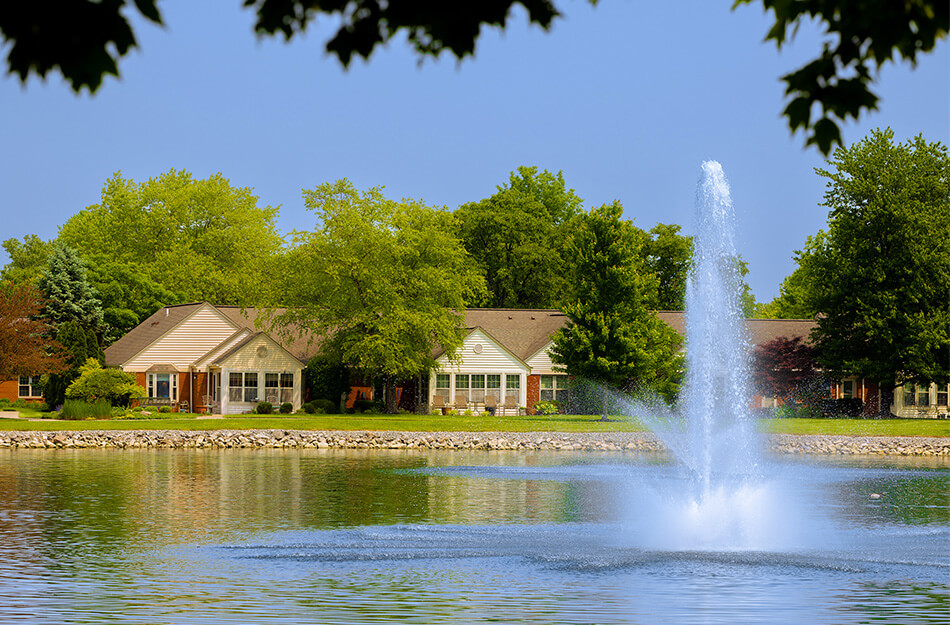 View of the scenic pond and fountain