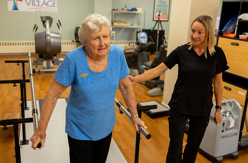 Senior woman does physical therapy