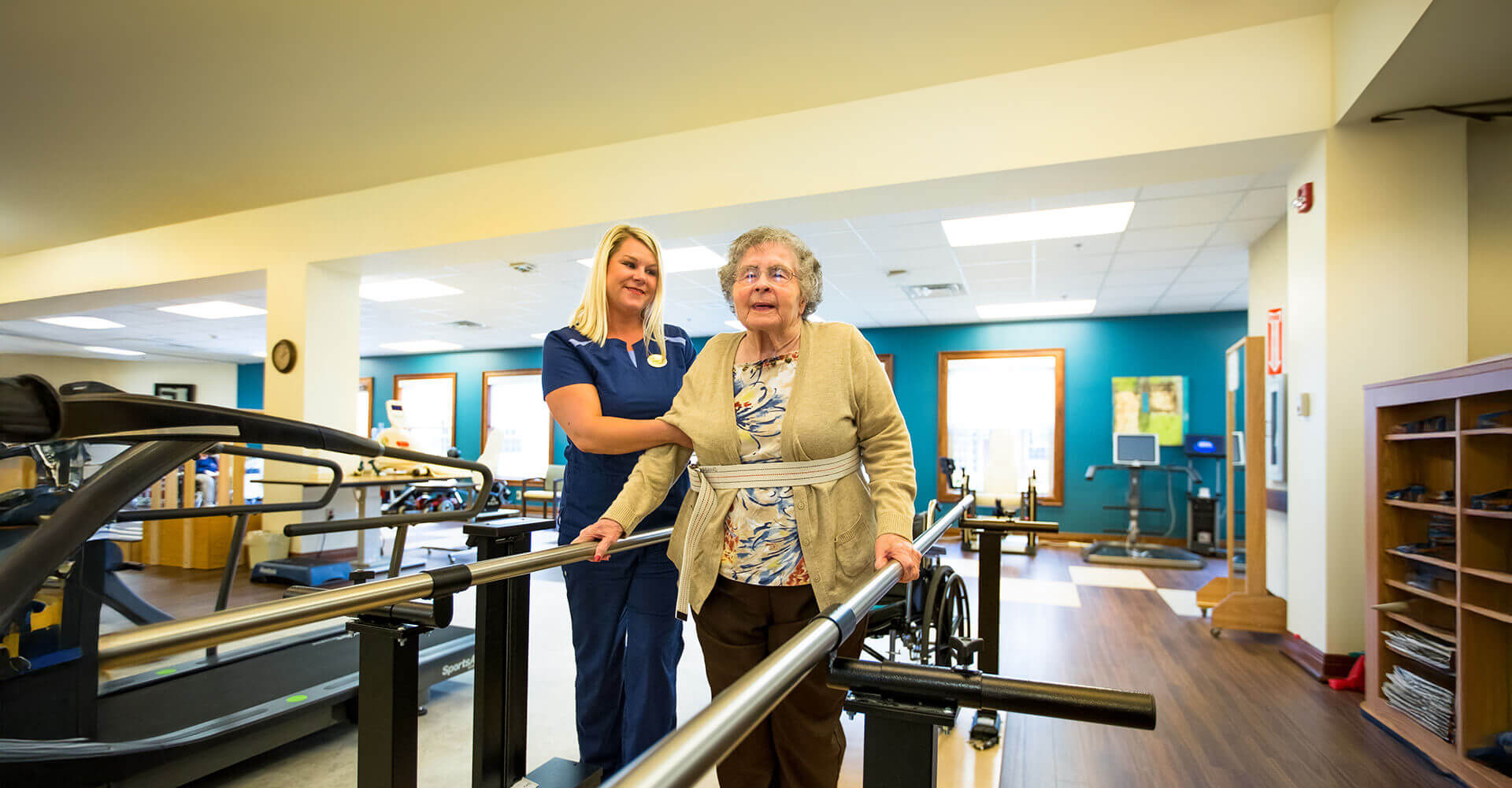 Senior woman walking physical therapy rehabilitation.