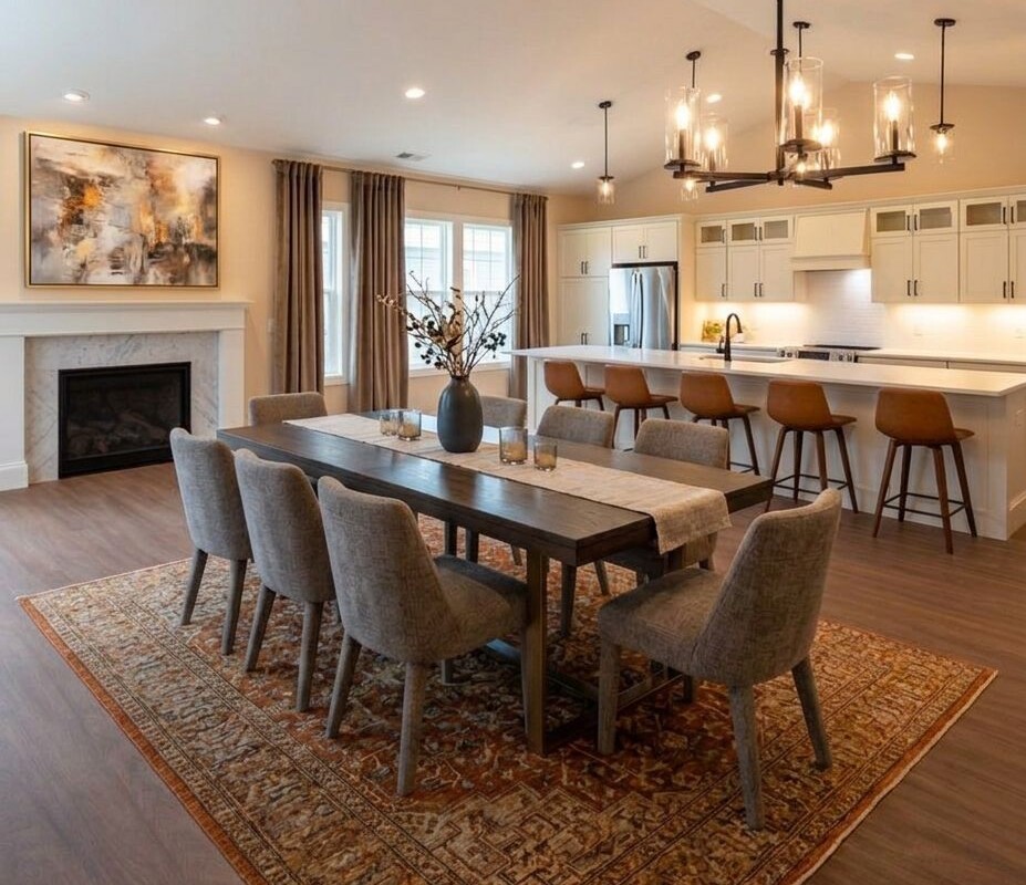 Interior View of a modern, open-concept living space inside a Sunrise Vista home at The Christian Village at Mason. A dining table sits under a modern chandelier in front of a fireplace. Behind the dining area, the open concept kitchen is along the far wall, with a 13 foot countertop and premium finishes.